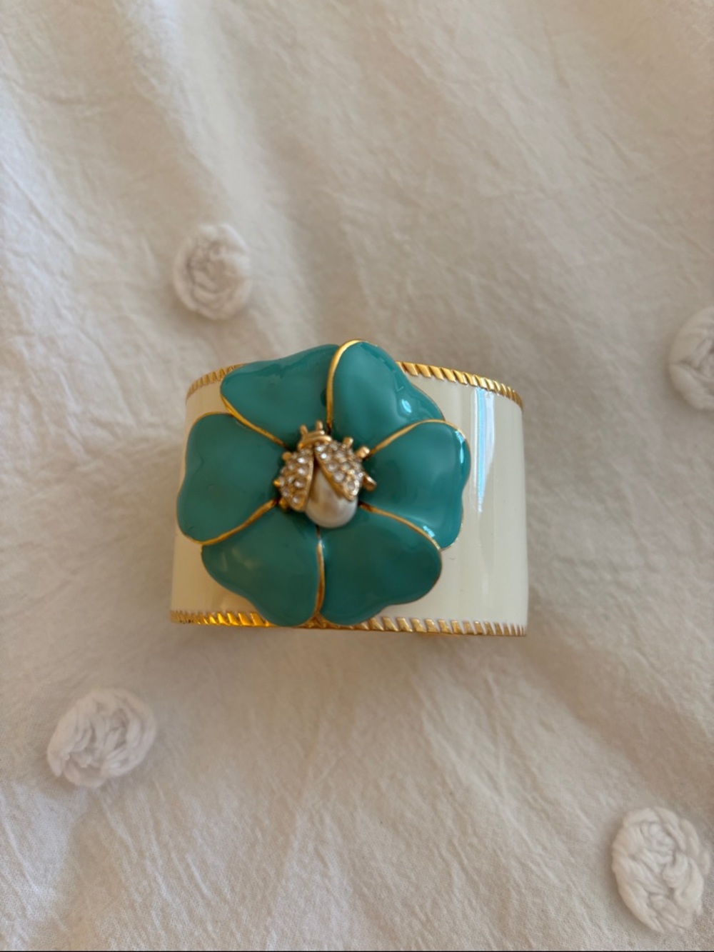 Stella & Dot Cream Enamel Cuff with Turquoise Flower and Gold Trim